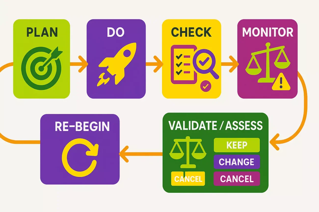 Seo olistica e multipotenziale: metodo, ritmo, priorità 11 Schema del processo seo in 6 step con loop finale e triage validate/assess (keep, change, cancel)