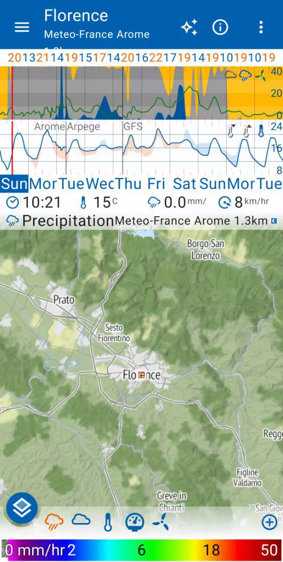 Camminare tra i modelli meteo: guida nerd alle previsioni meteo per chi vive l’escursionismo 20 Schermata dell’app flowx che mostra la mappa meteo dell’area di firenze con il modello meteo-france arome attivo. Immagine generata da ai, a cura di fabrizio gabrielli, seo expert, ceo & founder di agenzia seo pistakkio.