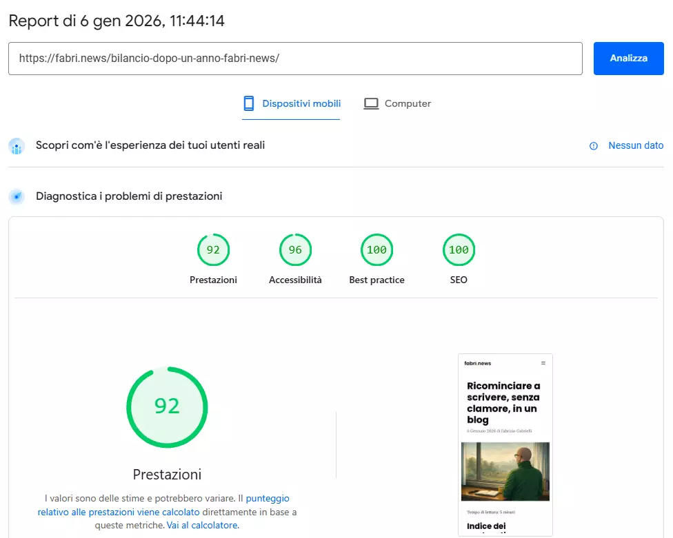 Ricominciare a scrivere, senza clamore, in un blog 2 Pagespeed insights fabri news 6 gennaio 2026