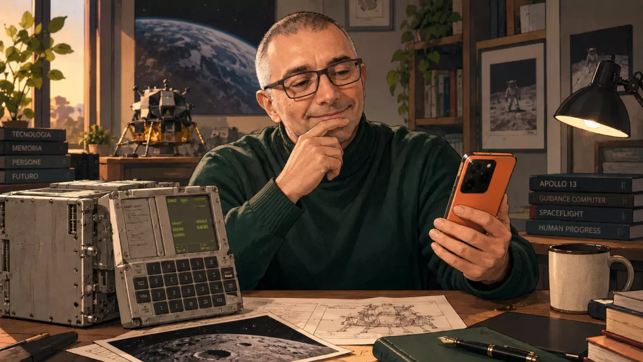 Apollo guidance computer e realme gt 7 pro: quando il computer scompare 2 Fabri, con addosso il solito maglione british green riflette davanti a uno smartphone, con un apollo guidance computer, documenti lunari e una penna stilografica sul tavolo, nel contesto dell’articolo su apollo guidance computer e tecnologia moderna. Ai image generata da fabrizio gabrielli, seo expert, ceo & founder di agenzia seo pistakkio.